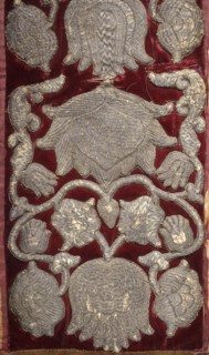 Fragment of embroidered fabric, embroidery, coats of arms, Poland culture, flowers, Jastrzebiec
