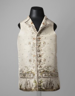 Vest, ships, seascapes, shells, plant ornaments, fashion, men's clothing. Vest made of cream silk