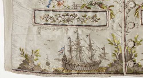Vest, repossession provenance; subject motifs: ships, seascapes, shells, plant ornaments. Fashion: