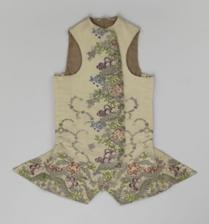 Vest, floral and plant ornaments, patterned fabrics. Predominant ornamental colors: silver, plum,