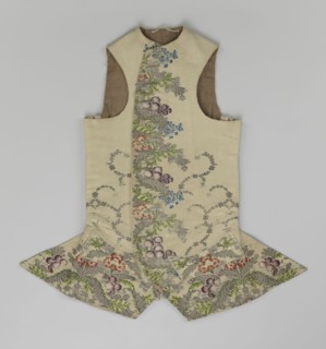 Vest, floral and plant ornaments, patterned brocaded silk fabric front, predominant ornamental