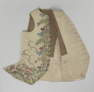 Vest, floral and plant ornaments, patterned brocaded silk fabric. Predominant ornamental colors: