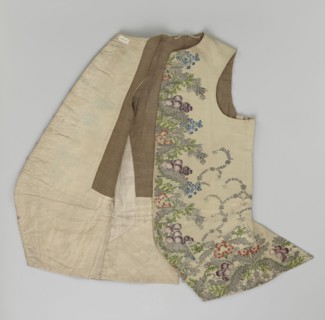 Vest, floral and plant ornaments; patterned brocaded silk fabric front with motifs arranged around