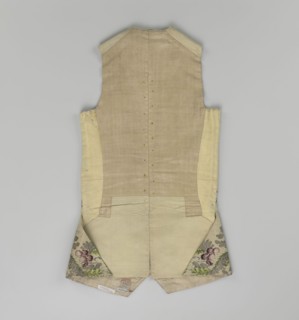 Vest, floral and plant ornaments, patterned brocaded silk fabric. Predominant ornamental colors: