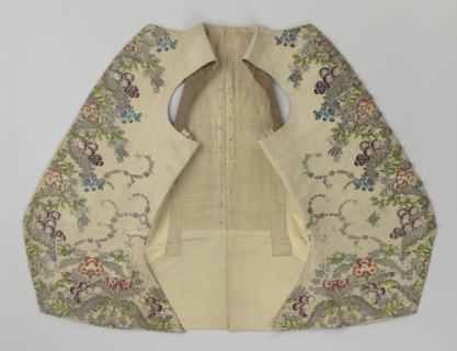 Vest, Repossession provenance. Floral and plant ornaments; patterned brocaded silk fabric,