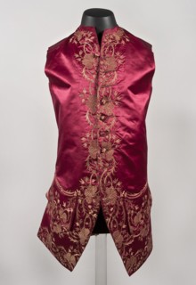 Vest, Men's vest made of cherry satin, embroidered. Straight cut, sleeveless and collarless.