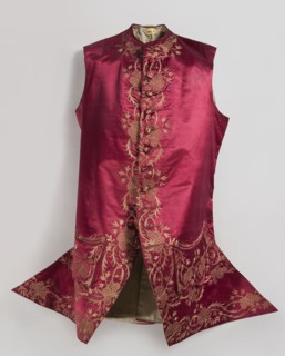 Men's vest made of cherry satin, embroidered. Straight cut, without sleeves or collar. Diagonal