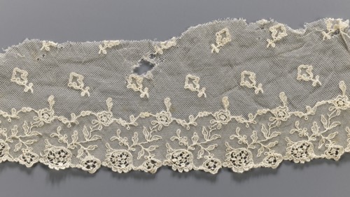 Lace fragment, lace, plant ornaments, tulle embroidered with twig and floral motifs around the