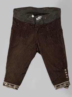 Trousers, short to the knee with a lapel, made of striped brown velvet; in the waist sewn into a