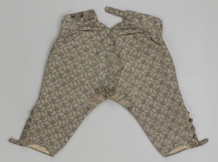 Short, knee-length men's trousers 1750–1775, Silesia. Sewn into a wide belt with a buttoned fly,