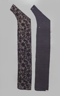 Fabric fragment, fragments of silk patterned fabric, patterned purple looped velvet with plant