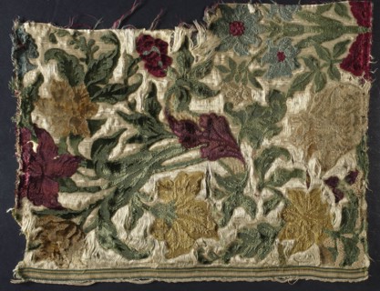 Fragment of patterned velvet fabric, 17th/18th century, Italy . Multi-colored chiseled cut and