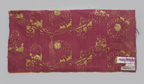 Fabric fragment, fragments of silk patterned fabric with plant motifs, indigo and Brazilwood dyes.