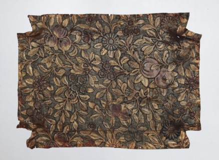 Fragment of cordovan leather, cordovan leather, flowers, fruit, butterflies, Scheele, Stanislaw fl.