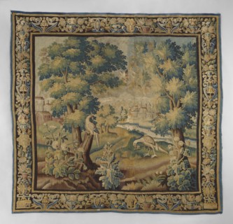 Tapestry-verdure, In the foreground, three flowering shrubs; behind them two birds, one perched on