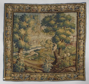 Tapestry-verdure, In the foreground, three flowering shrubs; behind them two birds, one perched on