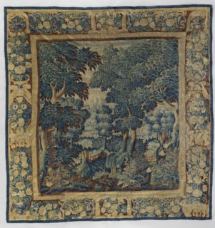 Tapestry-verdure, In the foreground are large trees and blooming shrubs and flowers; further on a