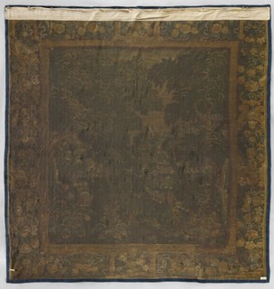 Tapestry-verdure, In the foreground are large trees and blooming shrubs and flowers; further on a