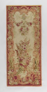 Figural tapestry, flowers, leaves, floral ornaments, garlands. In the center, a large bouquet of
