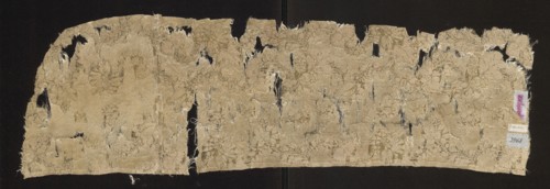 Fragment of silk fabric, patterned with plant tendrils and floral motifs in pink and yellow on a