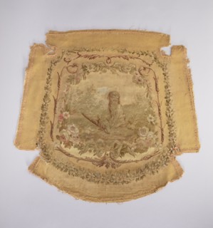 Tapestry hangings; Seat with a depiction of a dog sitting on grass, stage surrounded by a floral