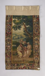 Figural tapestry, 18th century, Brussels. In the center of the landscape, little Dionysus kneels at