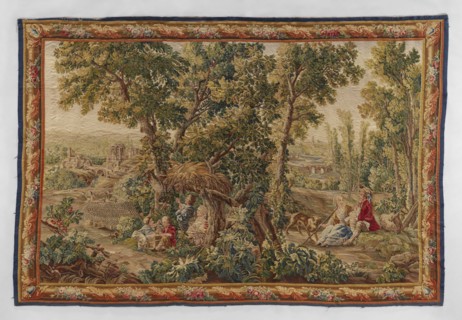 Figural tapestry, Chodecz Kuyavian-Pomeranian Voivodeship; flowers, floral ornaments, dogs,