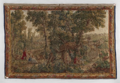 Figural tapestry, Chodecz Kuyavian-Pomeranian Voivodeship; flowers, floral ornaments, dogs,