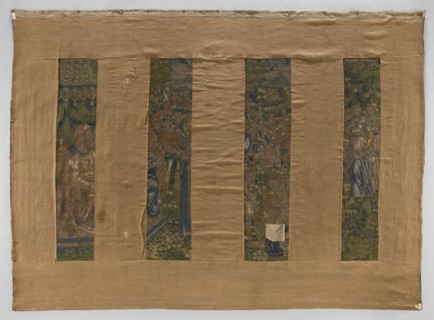 Figural tapestry. In the foreground, on the right, on a throne under a canopy sit two male figures