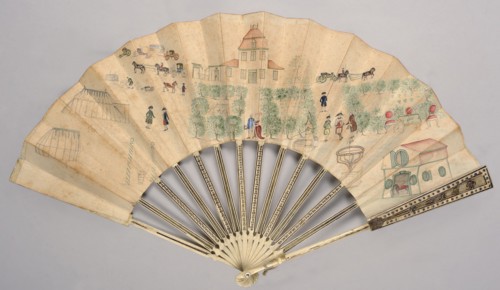 Cabriolet fan. A fan with a frame of carved and foil-inlaid ivory. The leaf is decorated with an
