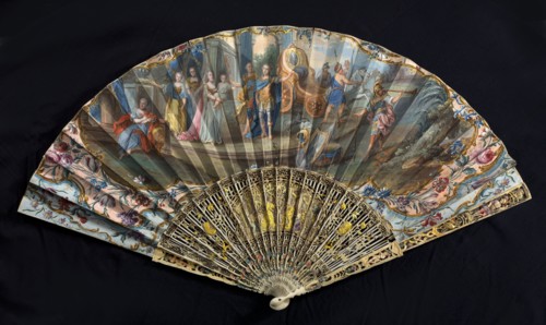 Fan, double-sided fan, paper painted with gouache and gold dust. On the obverse, a scene of two