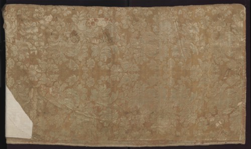 Fabric fragment, fragments of silk patterned fabric, pseudo-damask with floral and plant patterns,