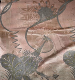 Fragment of pink silk brocade fabric with a fanciful floral pattern in the Bizarr style. Motifs: