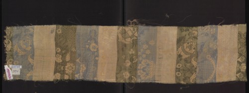 Fragment of fabric. Silk, one-sided damask with floral and lace motifs; background satin with warp