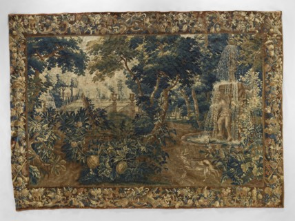 Tapestry - verdure, Flowers, floral ornaments, dogs, deer, tapestries, interior furnishings, park