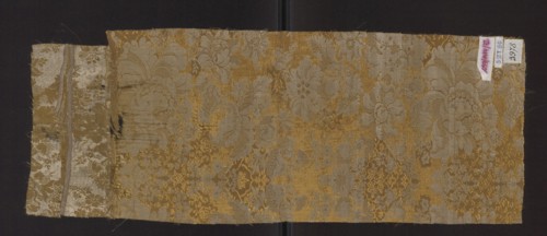 Fabric fragment, fragments of silk fabric, patterned two-color damask in olive and white. Weave