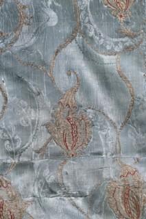 Fabric fragment, patterned silk fabrics, fragments of silk damask, pale blue ground brocaded with