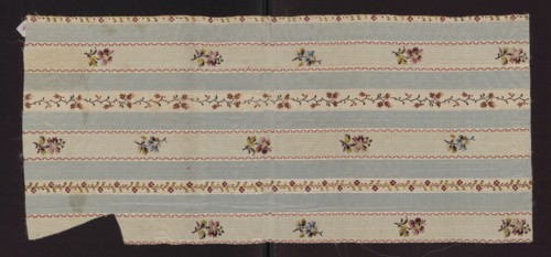 Fabric fragment, fragment of silk fabric with a pattern of alternating vertical stripes of blue and