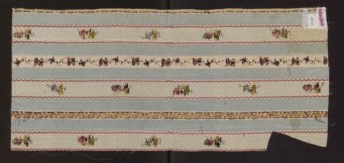 Fragment of silk fabric with a pattern of alternating vertical stripes of blue and cream; colorful