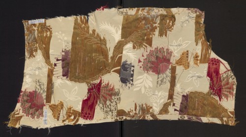 Fragment of upholstery fabric, silk and cotton brocade with cream grosgrain plain-weave background,