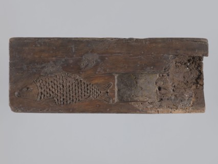 Double-sided gingerbread mold; obverse: seven motifs — a heart, a rooster, a dog in front of a