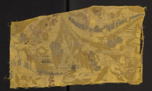 Fabric fragment, fragments of silk fabrics, patterned yellow silk damask, embroidered and brocaded