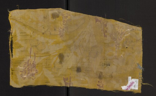 Fabric fragment, fragments of silk patterned fabrics, yellow silk damask, embroidered and brocaded
