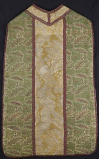 Chasuble, plant ornaments, lace ornaments, patterned fabrics, liturgical fabrics, liturgical