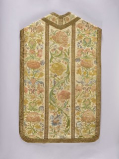 Chasuble, Liturgical vestment made of white silk satin, embroidered with colorful silk threads. The