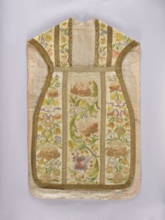 Chasuble, Liturgical vestment made of white silk satin, embroidered with colorful silk threads. The