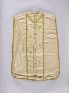 Chasuble, Liturgical vestment made of three types of silk fabrics, trimmed with yellow silk braid;
