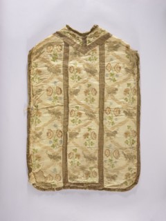 Chasuble, liturgical vestment embroidered on white rep with pastel-colored silks and gold thread in