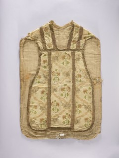 Chasuble, embroidered on white rep with pastel-colored silks and gold thread in patterns imitating