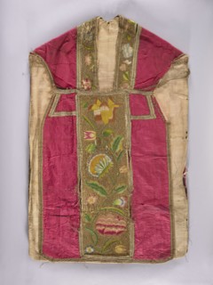 Chasuble, Liturgical vestment, 1797, Poland. Back features a column embroidered with colorful silks